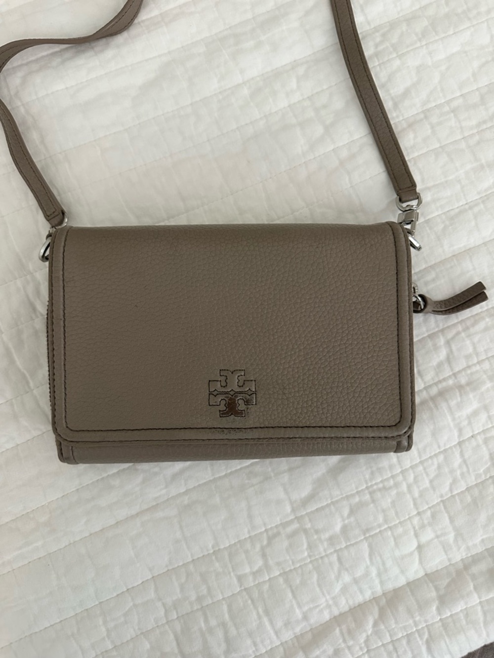 Tory Burch Gray/Taupe Leather Crossbody Bag with built in wallet